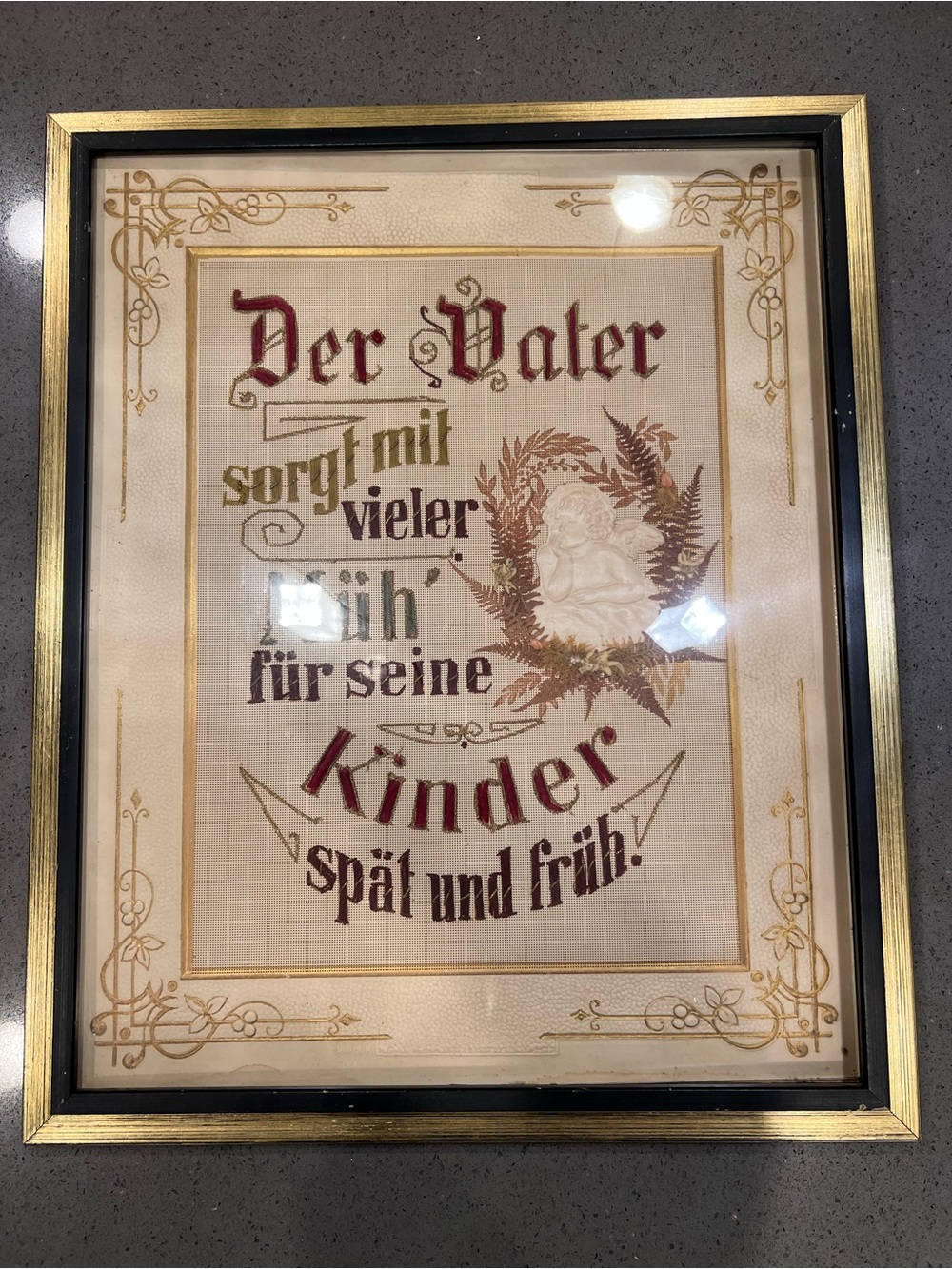 antique German Christian needlepoint or punch paper sampler framed in gold gilt